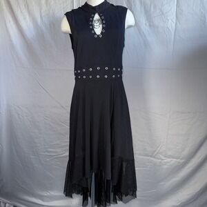 VTG Tripp NYC Dress Womens L Black Mesh Train Gothic Punk Raver Witchy Vampy